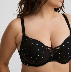 NWOT 46D Torrid Brandy hearts rich black / rainbow foil XO Plunge Pushup Bra